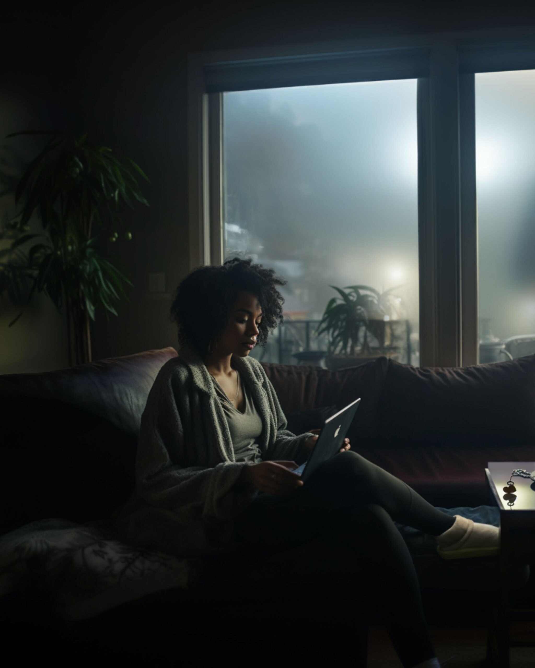 Young black woman sitting on couch in a dark home on a foggy night looking at her laptop scared