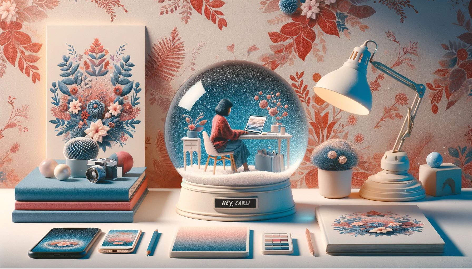 Image of a small business owner working at a desk inside a snowglobe.